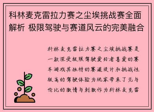科林麦克雷拉力赛之尘埃挑战赛全面解析 极限驾驶与赛道风云的完美融合